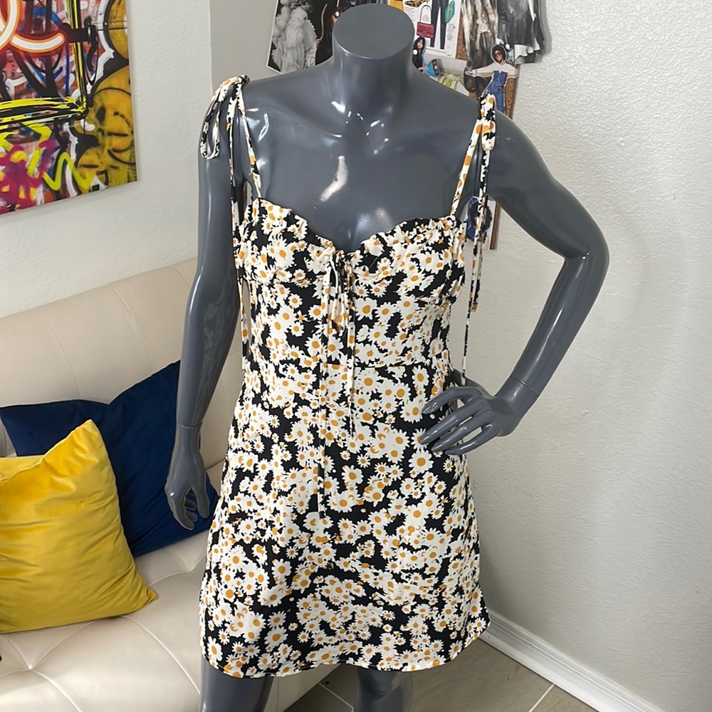 Y2K Style Dress with Shoulder Ties | Black/Yellow/White | Small